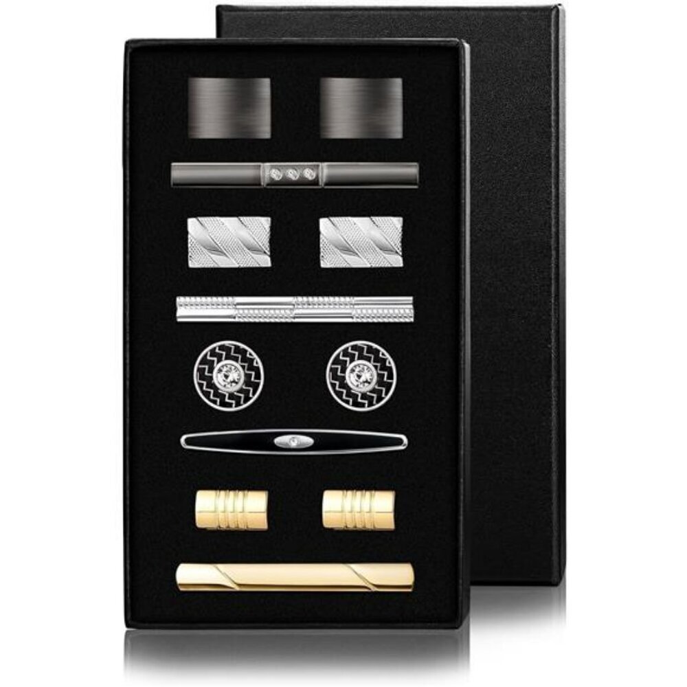 Men's tie clip and cufflink set silver gold black formal tuxedo shirt gift box